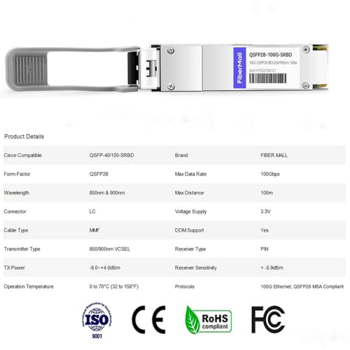 Image of Fiber Mall 100G QSFP28 SR BIDI for Cisco QSFP-40 /100-SRBD Compatible 100GBASE-SRBD QSFP28 Optical Transceiver Module BIDI 850nm & 900nm 100m LC MMF DDM