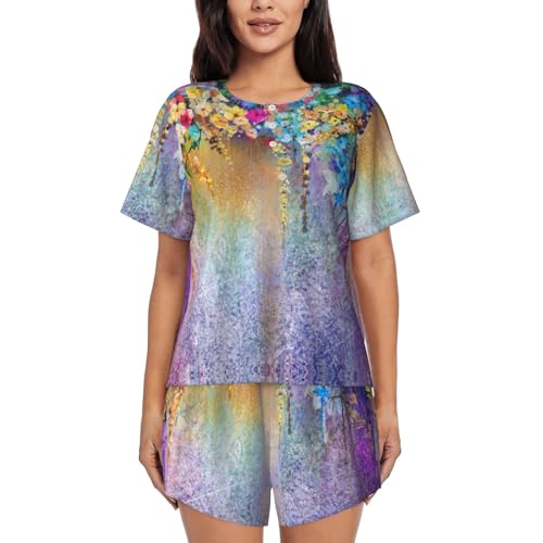 Pyjama abstrait violet femme avec short doux à col rond et poches pour nuit d'été