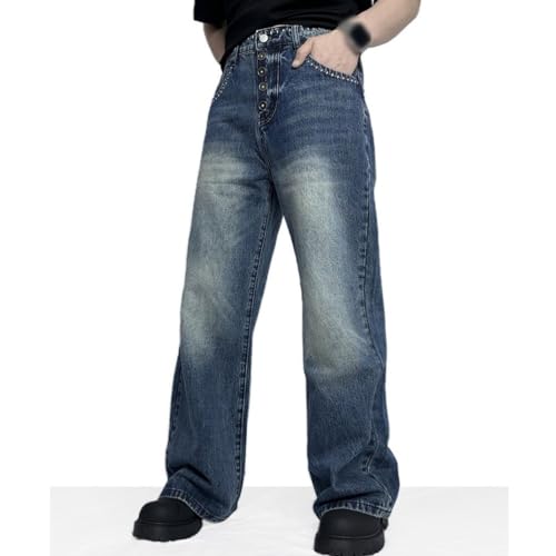 Mens Mid Rise Button Vintage Casual Wide Leg Baggy Embroidery Washed Jeans with Pockets3