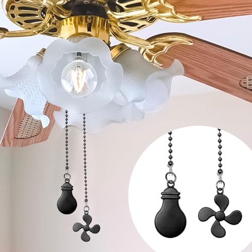 2 Pcs Ceiling Fan Pull Chain Extender, 12 Inch Ceiling Fan Chain Pulls, Fan Pull Chain Extension with Fan and Bulb Ornaments, Pull Chains for Ceiling Fans and Lights, Black