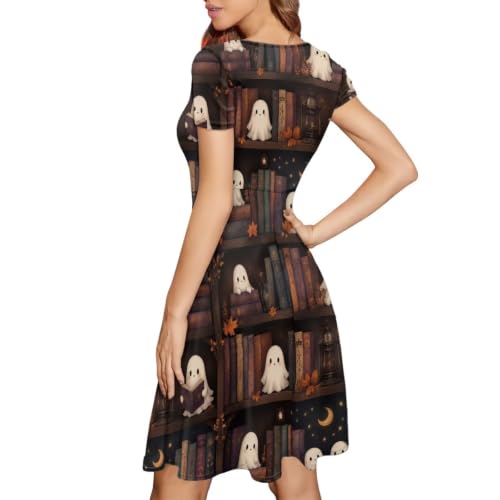 Image of POLERO Women Puffy Swing Elegant Party Midi Dresses Short Sleeve Round Neck A-Line Dress