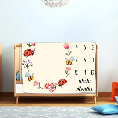 Image of Cartoon Insect Baby Age Blanket, Red Seven Star Ladybug Bee Floral Insect Newborn Photo Baby Monthly Milestone Blanket Growth Chart Baby Memory Blanket, 48x40 Inches BTLSLY895