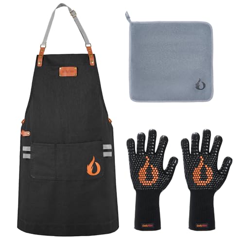 onlyfire Juego de Utensilios para Barbacoa de 3 Piezas, Contiene Delantal de Barbacoa Ajustable Con 2 Bolsillos, Guantes Barbacoa Resistentes y Paño de Microfibra, Kit de Accesorios para Cocinar