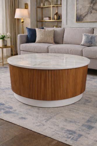 Image of WOODEN SPACE Round Marble-Top Wooden Center Table for Living Room | Modern Entryway Furniture | Coffee Table - 30X30X18 Inch (Fluted Natural)