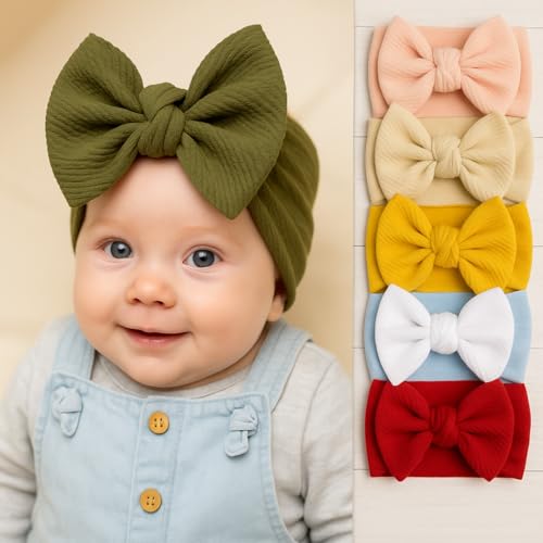5-Pack Oversized Baby, Toddler and Young girls Bow Headbands – Soft Stretchy Knotted Turban Hairbands for Newborns, Infants, Toddlers & Young kids (Colors Vary)
