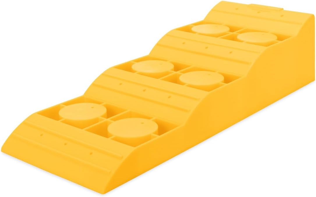 Camco Camper/RV Tri-Leveler - Features Durable Lightweight Trailer Ramp Design w/Non-Slip Surface & Built-in Handle - Up to 3-7/8” of Lift for RV Leveling - 3,500 lb Load Capacity (21027)