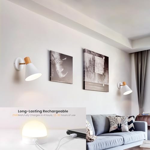 Image of Battery Operated Wall Sconces Lighting Set of 2, Adjustable Wireless Wall Lamp, Cordless Wall Lighting with Remote and Dimmable Rechargeable Bulbs for Bedroom Living Room (White)