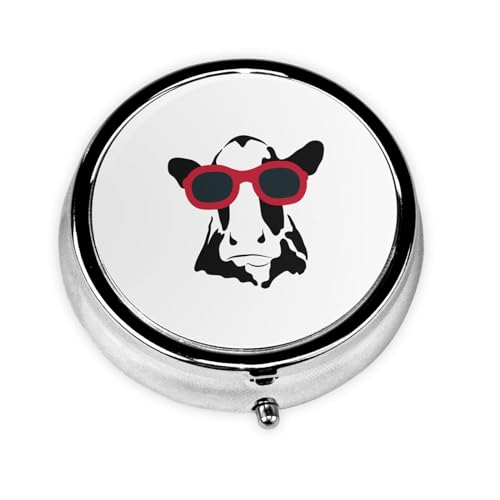 ピルケース Who Let The Cow Out 牛柄 赤いメガネ 薬ケース 丸型 3段分割 円形薬入れ 丸いミニ薬箱 錠剤ケース 小物入れ サプリケース 多機能 密閉 耐湿 収納ケース 仕切り付き 携帯型 飲み忘れ防止 旅行 出張 家庭用 薄型 軽量