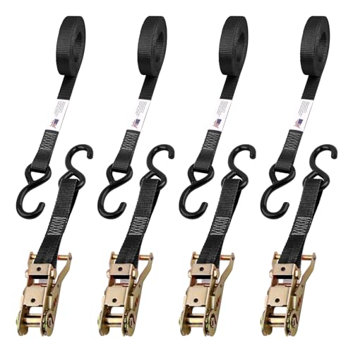 Heavy Duty Ratchet Strap – (4PK) Premium Tie Down Straps for Moving & Securing Cargo – Coated Deep S-Hook & Extra Safety with Lockable Release - Made in USA (Black, 6 FT)