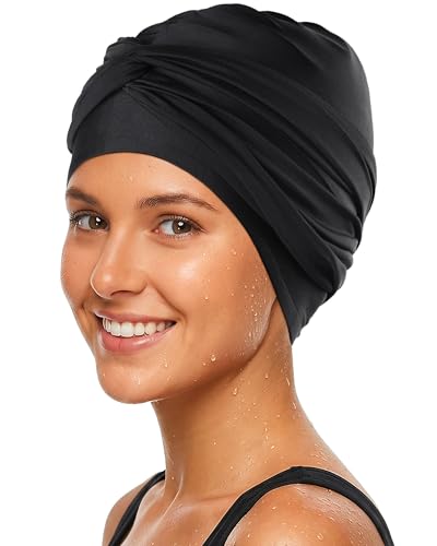 Ababalaya Satin Lined Waterproof Swim Caps for Thick Long Hair Dreadlocks Afros Durable Silicone Large Swim Turban for Women Youth Girls Tear-Proof Swimming Caps to Keep Hair Dry Black M