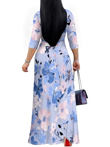 Image of Plus Size Dresses for Women Floral Print Maxi Dress Flowy 3 /4 Sleeve with Belt