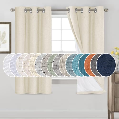 Image of PrinceDeco Linen Texture Curtains 100% Blackout Curtains 64 inch Long 2 Panels Set Full Blackout Linen Curtains with Thermal Insulated Liner Noise Reducing, 42 inch Wide,64 inch Length,Bleached Sand