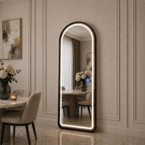Image of 5x2 ft Black Arched LED Full-Length Mirror- 5mm HD Shatterproof Glass, 3-Color Dimmable Light Up Full Body Mirror, Vanity Floor Leaning Wall Mounted Mirror