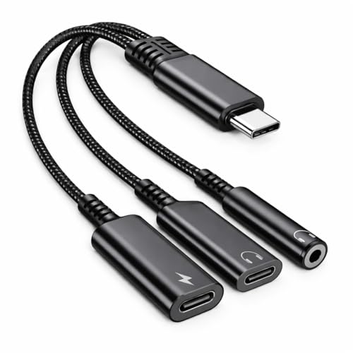 Image of Mizi USB-C Headphone and Charging Adapter 3-in-1 - Type-C to 3.5mm Audio Jack + USB-C PD Charging + Type-C Audio Splitter, Compatible with iPhone, iPad, Samsung Galaxy, Pixel, and More - Black