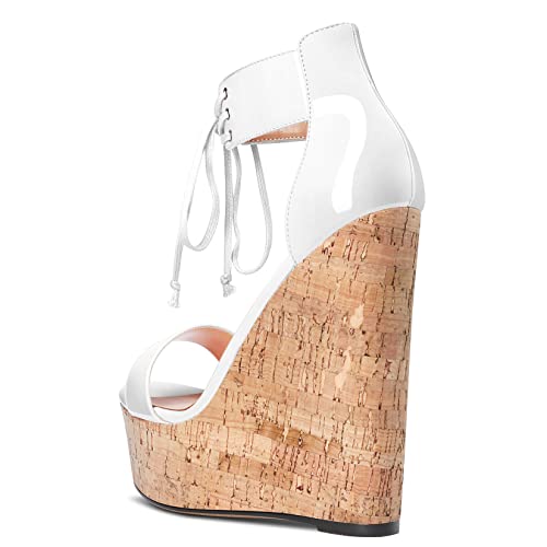 Aachcol Women Platform Wedge Sandals Round Peep Open Toe Lace-up Ankle Strap Slingback Two-Piece Chunky Block High Heel Dress Shoes Pumps Party Patent 6 Inch3