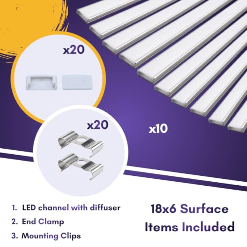 Image of Lighting 18x6mm LED Strip Lights 1 Meter Aluminium Rectangular Concealed Profile Light Channels with Diffused Cover, End Caps and Mounting Clips Without LED Straight Linear, (Pack of 10)
