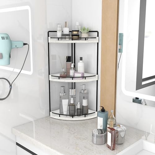 Image of Dorhors 3-Tier Corner Bathroom Organizer Countertop for Storage,Vanity Tray,Wood Counter Organizer for Kitchen,Bathroom,Dresser (Rustic White)