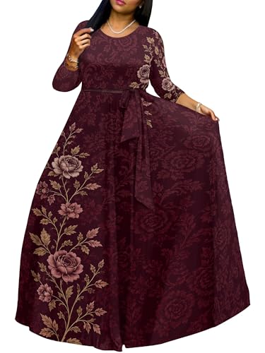 Image of PinkPatty Women's Long Sleeve Maxi Dress Plus Size Trendy Wedding Guest Dress with Pockets&Belt