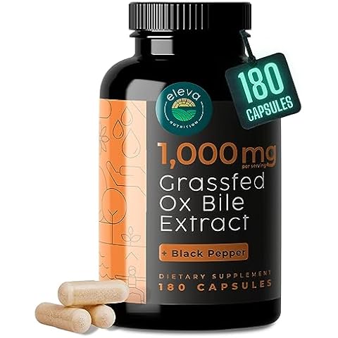 Grass-Fed Ox Bile Extract 1000mg Bile Salts Supplements with Black Pepper. Supports Digestive Health - 180 Count Cover