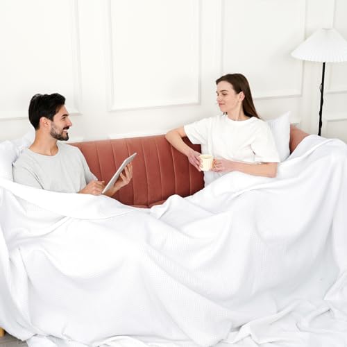 Image of PHF Pre-Washed Cotton Waffle Weave Family Blanket,Oversized King Size 120 inchx 120 inch-Snag Proof Lightweight Breathable, 10'x 10' Huge Extra Large Big-Elegant Aesthetic Home Decoration Gift-White