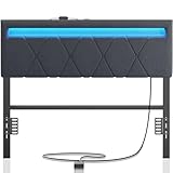 ROCHECASA Headboard for Queen Size Bed with Charging Ports and LED Light, Upholstered Double Bed Head Board Only, Adjustable Height, Easy Assembly, Dark Grey
