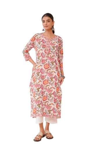 Image of GOODHAND Pure Cotton Floral Printed Long Kurta for Women | Straight Fit Ethnic Kurta | Round Neck 3 /4 Sleeve Kurta