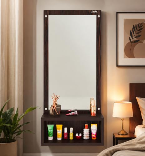Image of Wall Mounted Dressing Table with Mirror Finish Storage Shelf Compact Wall Vanity Makeup Organizer for Bedroom Bathroom Entryway Space Saving Home Furniture Decor (Dark Brown)
