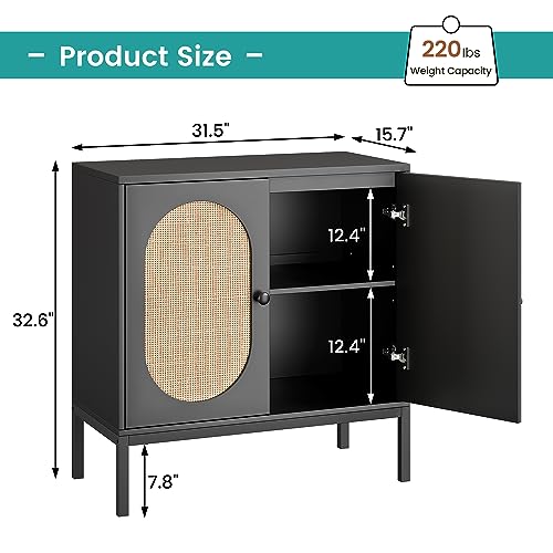 Image of Sideboard Buffet Cabinet with Storage, Accent Cabinet with Rattan Doors, Adjustable Shelf & Metal Feet, Coffee Bar Liquor Cabinet for Living Room, Dining Room, Hallway & Kitchen,Black