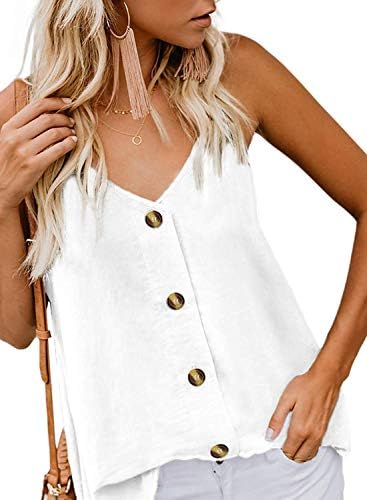 Fronage Womens Casual V Neck Tank Tops Summer Button Down Strappy Cami Sleeveless Shirts Blouse (16-18, White)
