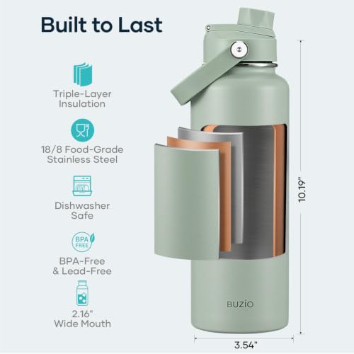Image of BUZIO Triple Wall Vacuum Water Bottle with Dust-Proof Straw & Spout Lids