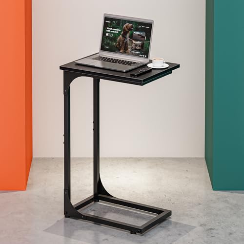 Image of C-Shaped Side Table for Couch - Small Coffee Stand Sofa Tray Desk with Metal Frame and Waterproof Scratch Resistant, Modern End Accent for Living Room, Bedroom, Small Spaces, Black