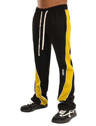 SCREENSHOT-S41704 Mens Streetwear Premium Stack Fit Urban Track Pants - Curved Side Tapered Design, Perfect for Casual Fashion comfortwear-Black/Yellow-XLarge