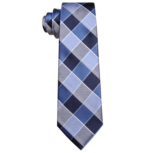 Image of Barry.Wang Plaid Ties Mens Silk Necktie and Tie Clip Checkered Tie for Wedding Party Business Formal