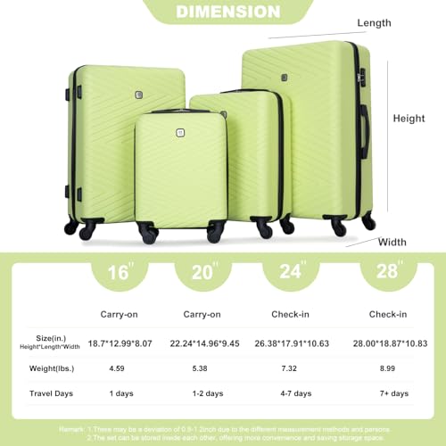 Luggage 4-Piece ABS Lightweight Suitcase Set with Rotating Wheels, 16/20/24/28 Inch, Fluorescent Green4