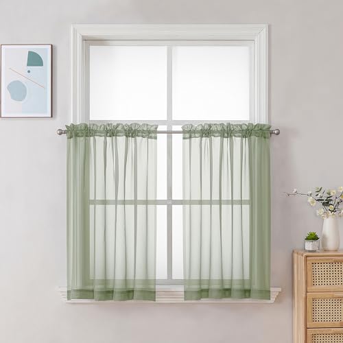Image of Chyhomenyc Sage Green Sheer Curtains 30 inch Length 2 Panels, Light Filtering Voile Rod Pocket Short Window Curtians for Bathroom Living Room Farmhouse Small Windows, 42Wx30L inches