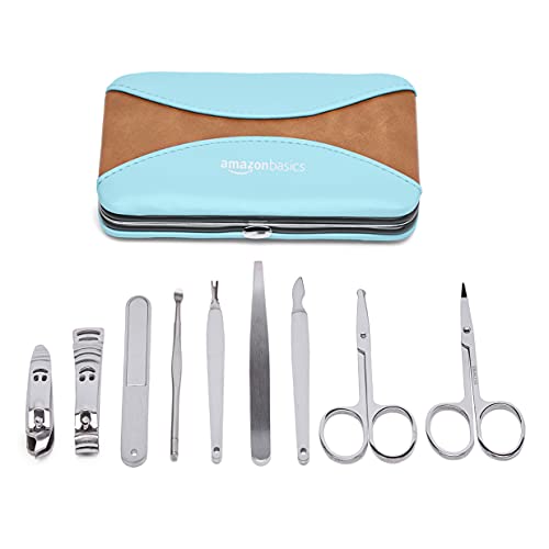 Amazon Basics 9-Piece Manicure And Pedicure Nail Clipping Set With Case- Stainless Steel, Turquoise #TOP21