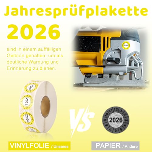 100 Stück Jahresprüfplakette 2026 Prüfplaketten 20 mm Gelb Prüfaufkleber Aufkleber Auf Rolle Vinylfolie Selbstklebend Prüfsiegel Wartungsetiketten Prüfplakette Leitern und Tritte für Prüfung