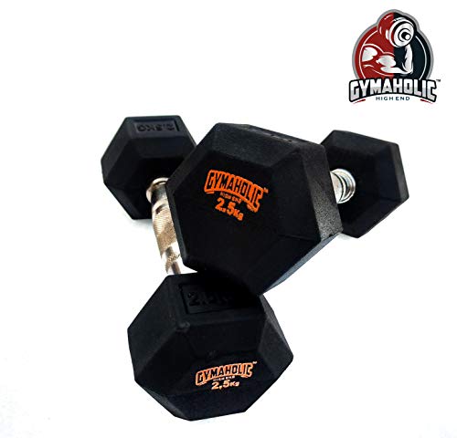 Image of Gymaholic Hexa Rubber Dumbbell with Metal Handles (Black, Single & Pair, Fixed Dumbbells in Weights 2.5 kg Pair)