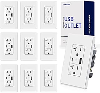 ELEGRP USB Charger Wall Outlet, USB Receptacle with Type A & Type C USB Ports, 20 Amp Duplex Tamper Resistant Receptacle Plug, Wall Plate Included, UL Listed (10 Pack, Matte White)