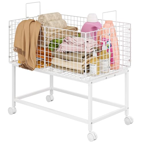 Image of Large Rolling Laundry Basket Cart,Wire Laundry Hamper Cart with Handle and Wheels,White High Laundry Hamper for Laundry Room,Bedroom and Bathroom-120L White (29.5 inchL*19.7 inchW*27.95 inchH inch)