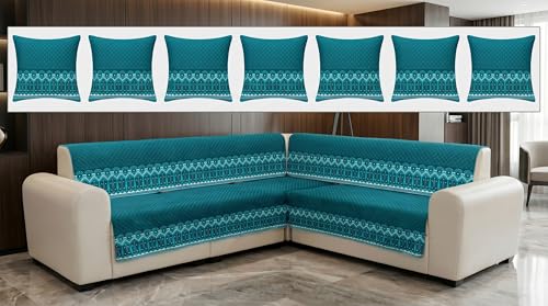 Image of Luxury Sofa Cover L Shape 7 Seater with Matching Cushion Cover 16x16 inch - Turquoise Diamond 4+3 Seater (7 Seater) Quilted Sofa Cover Set Pack of 12, Washable, Turquoise