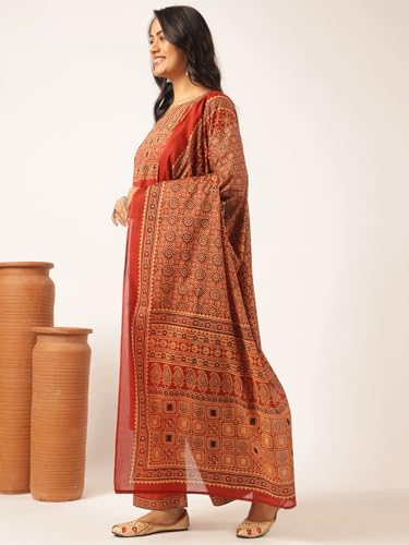 Image of Vbuyz Women Ajrakh With Yoke design Cotton Straight Kurta Set With Dupatta