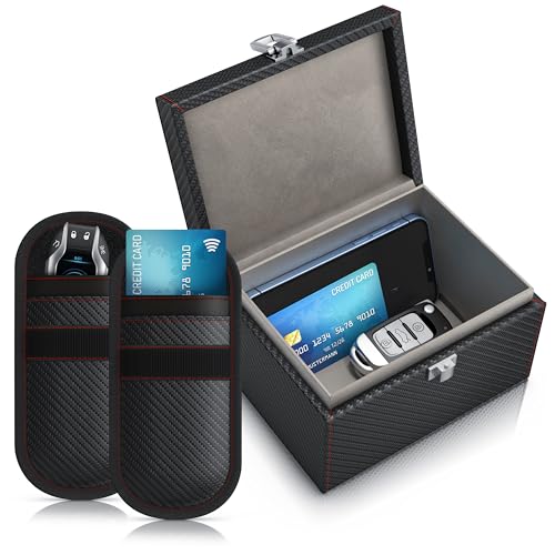 CSL - Keyless Go Schutz Box - NFC RFID Faraday Box, Abschirmung Blocking Autoschlüssel, inkl. 2X Schlüsselstaschen Hüllen - Safe Box gegen Cyber Kriminalität und Hackerangriffen