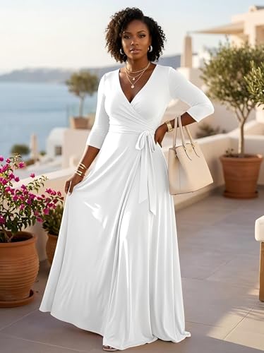 Image of PinkPatty Women's Plus Size Maxi Dresses Casual Flowy 3 /4 Sleeves Dress Printed Vacation Dress for Daily Wear with Belt