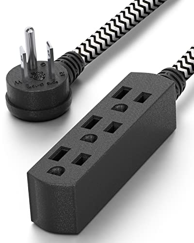 PLUGTUL Flat Plug Extension Cord 1.5 FT, 3 Outlet Braided Black Extension Cord, 16 Gauge 3 Prong...