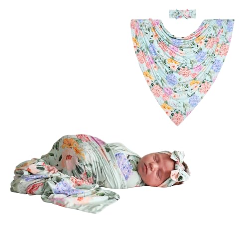 Image of Posh Peanut Swaddle Blanket & Headband Set – Viscose from Bamboo Stretchy Baby Swaddle for Newborn Girls, Receiving Blanket or Nursing Cover (Erin)