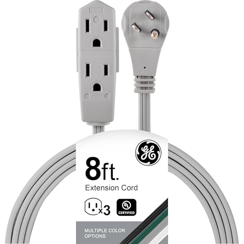 GE 3-Outlet Flat Extension Cord 8 Ft Grounded Extension Cord with Multiple Outlets 3 Prong Outlet Extender Flat Plug Indoor Power Strip 16 Gauge UL Listed Gray 43027