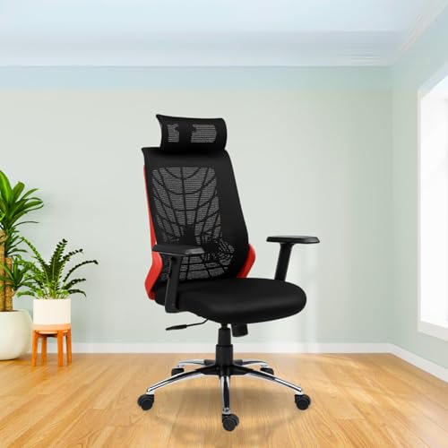 Image of activa Cyber Ergonomic High Back Office Chair | Mesh Computer Chair with Adjustable Headrest | Lumbar Support | Armrest & Swivel Wheels | Comfortable Chair for Home /Office /Study /Gaming (Red Black)