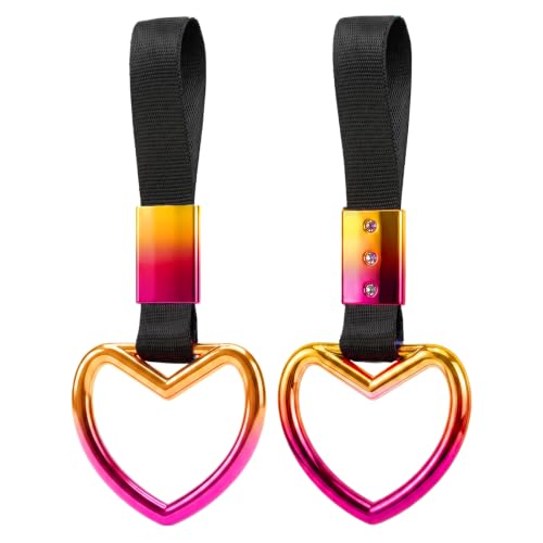 Image of 2PCS Heart Shaped Car Handle Straps, Rear Bumper Warning Keychain Ring for Car Exterior Accessories (Chrome Rainbow Heart - Black)