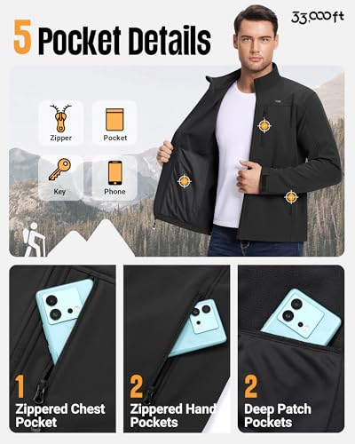 33,000ft Men's Waterproof Softshell Jacket Warm Fleece Lined Windbreaker Lightweight Soft Shell for Travel Hiking Golf3
